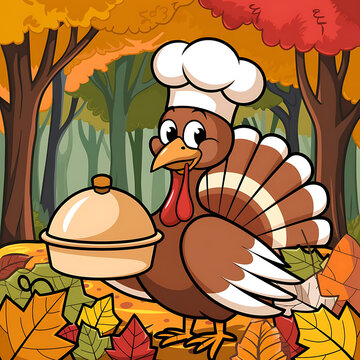 A cartoon turkey wearing a chef's hat is holding a covered dish.
