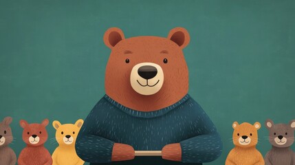 Poster - Cartoon of an animated bear leading a diverse animal team in a marketing strategy meeting showcasing inclusive leadership and collaborative business planning