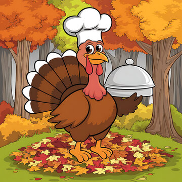 A cartoon turkey wearing a chef's hat is holding a covered dish.