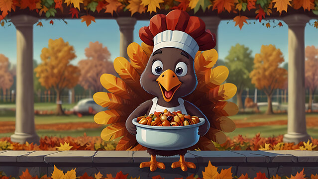 A cartoon turkey wearing a chef's hat is holding a covered dish.