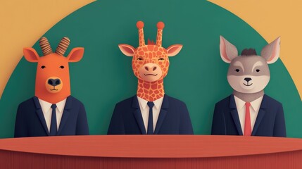 Poster - Cartoon of Suit Wearing Animal Professionals Collaborating and Brainstorming Ideas Around a Circular Conference Table in a Contemporary Office Environment