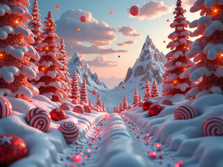 Wall Mural - magical winter landscape with candy accents under a colorful sky, 3d rendering of fantasy landscape 