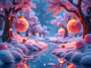 Wall Mural - enchanted winter garden with glittering ornaments and soft snow canopy reflected in calm waters, dig