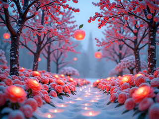 Wall Mural - a serene winter orchard filled with pink roses and glowing lanterns amidst a soft layer of snow, dig