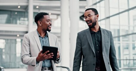 Poster - Teamwork, planning and business with black people and tablet for mentor, networking and client proposal. Feedback, project management and digital report with employees for advisor and discussion