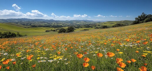 Wall Mural - Vibrant wildflowers bloom in a rolling hillside meadow under a bright blue sky.