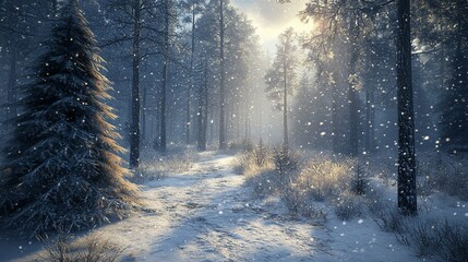 Wall Mural - Sunlit snowy path in a winter pine forest.