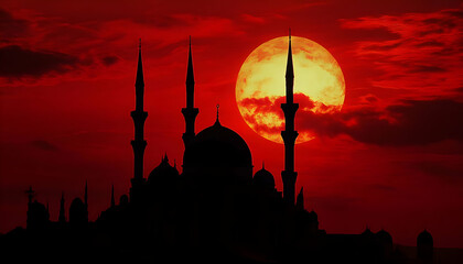 Sticker - A silhouette of a mosque against a dramatic red sunset with a large, glowing sun.