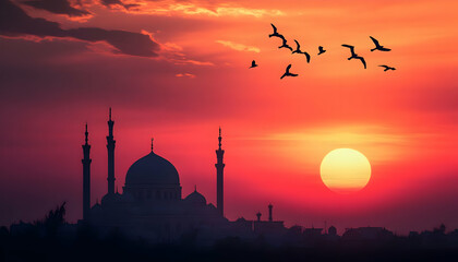 Sticker - A serene sunset silhouette of a mosque with birds flying across a vibrant sky.