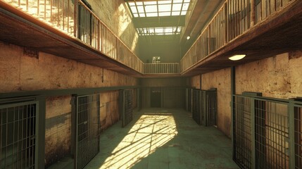Aufkleber - A haunting view reveals a deserted corridor within an old prison, sunlight streaming through a skylight, casting mottled shadows on the rough stone floor