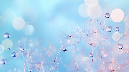 Poster - delicate dandelion seeds glisten with droplets under soft blue light on a tranquil morning