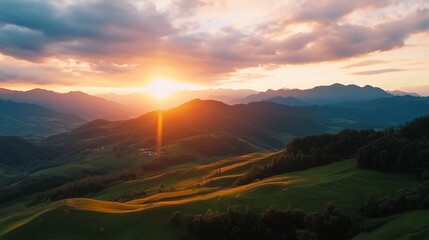 Wall Mural - majestic sunrise over rolling hills and mountains in a tranquil landscape