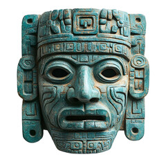 Front view of a Mayan mask isolated on a white transparent background