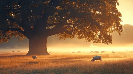 Poster - Majestic oak tree at sunrise, sheep grazing in misty field.