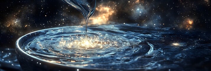 Wall Mural - hyper-realistic close-up shot of a celestial water-bearer in space, with water droplets shaped like stars flowing from an urn