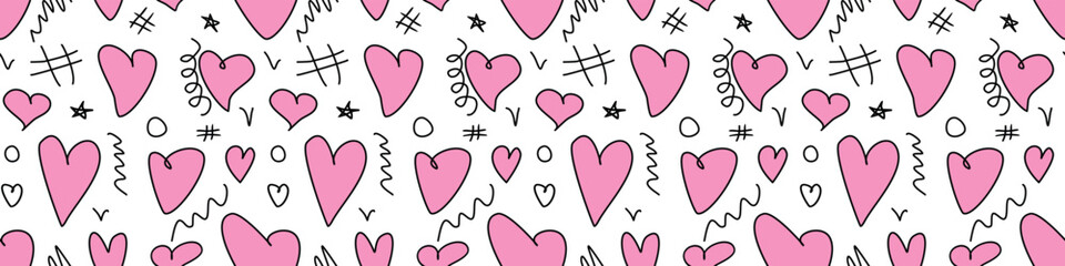 Wall Mural - Seamless abstract pattern of different pink hearts and doodles. Freehand scribble background, texture for textile, wrapping paper, Valentines day, romantic design