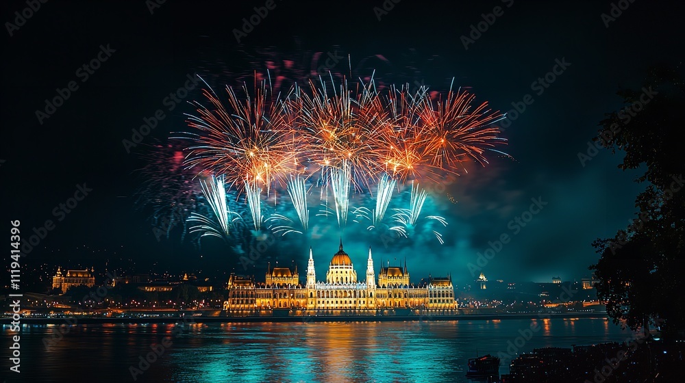 Explosion of Colorful Fireworks Over a Historic Landmark in a Vibrant ...