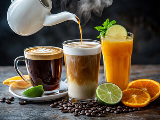 Wall Mural - Elegant Beverage Trio with Lime, Orange, and Coffee Accents 