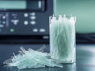 Poster - Biodegradable crystalline materials with transparent and reflective properties, set against a backdrop of green technology