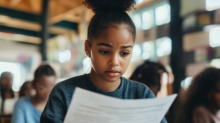 Poster - In a vibrant classroom filled with soft natural light, a young student examines a paper with concentration