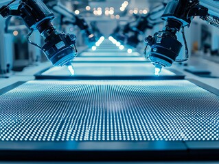 Poster - A futuristic research facility focused on nanotechnology coatings, featuring glowing particles and advanced manufacturing equipment