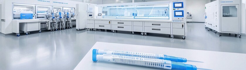 Poster - Wide shot of an advanced manufacturing line for coating technology, featuring dynamic machinery and glowing interfaces