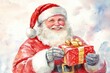 © Tatiana - Santa claus holding christmas gift while smiling under snowfall, watercolor painting