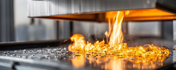 Poster - high-temperature testing of thermal coatings on steel surfaces, with flames and sparks creating a dr