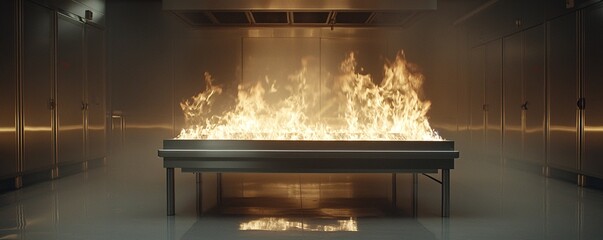 Poster - high-temperature testing of thermal coatings on steel surfaces, with flames and sparks creating a dr