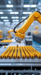 Poster - A robotic arm assembling components using advanced ceramics in an automated factory, with focus on precision and efficiency