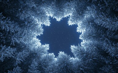 Sticker - A midnight blue background adorned with luminous white Christmas trees and snow, centered around a spotlight-illuminated empty field, crafting a magical atmosphere.