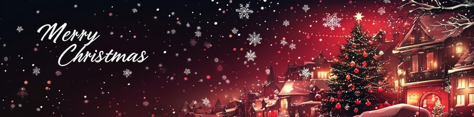 Wall Mural - a festive banner in red and white displaying a christmas tree, snow, and a star, with the words 