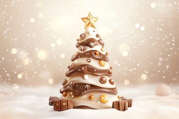 Wall Mural - a twisted chocolate tree with a star and a red ribbon, set against a light pink background.