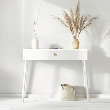 White console table with a single drawer. wooden legs. and a beige and white vase filled with dried grasses against a white wall