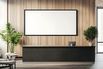 Wall Mural - Blank white screen in black frame on wooden wall behind reception area in modern eco style office. Mockup, Generative Ai