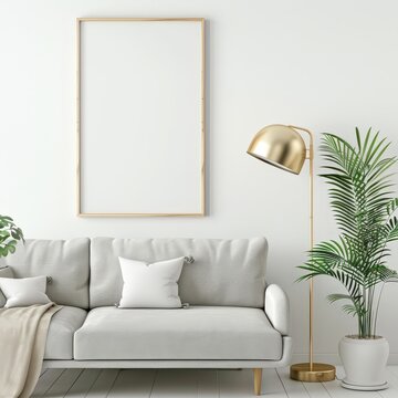 Minimalist living room interior with white sofa. gold floor lamp. and a blank canvas mockup