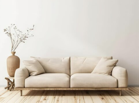 Minimalist living room interior with a beige sofa. wooden floor. and a vase with dried branches against a white wall