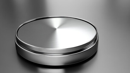 Poster - Minimalist silver metallic device with smooth controls and shiny geometric decorations on a neutral background.