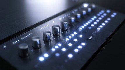 Modern silver control panel with backlit buttons and shiny metallic accents in a minimalist setting.
