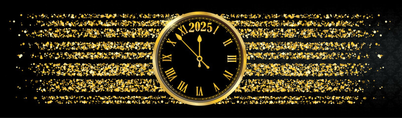Wall Mural - Long Black Banner Ornaments Clock 2025 Centre Gold