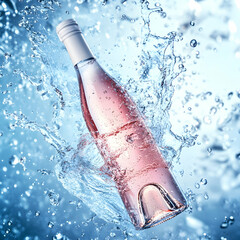 Poster - 3D rendering of a pink wine bottle floating in the air, splashing water around it, against a blue background