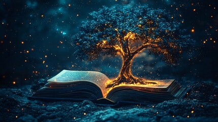 Poster - Glowing Tree Emerging from Open Book Symbolizing Education s Role in Personal Growth and Enlightenment