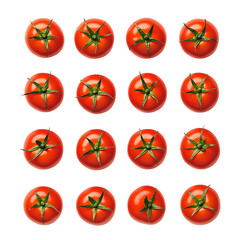 Fresh ripe tomatoes arranged in a neat cluster on a clean white background