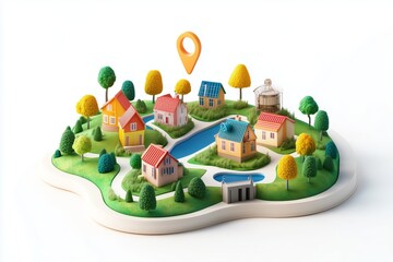 Poster - colorful 3d map with houses, trees, and a location pin on a white isolated background.