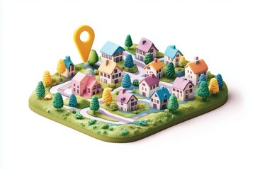 Poster - colorful 3d map with houses, trees, and a location pin on a white isolated background.