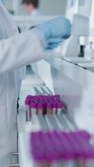 Leinwandbilder - Vertical Screen: Medical Laboratory Technician Handles Test Tubes with Purple Caps. Anonymous Worker Feeding Samples Into an Advanced Test Equipment for Scientific Analysis and Research