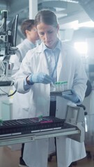 Aufkleber - Vertical Screen: Female Biochemist Conducts Research Experiments with New Medical Drug Products, Developing Modern Cure and Vaccines for Infectious Diseases. Team Working with Samples