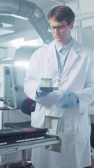 Leinwandbilder - Vertical Screen: Scientist Operates Advanced Testing Equipment in Modern Laboratory. Handling Samples and Analyzing Data on a Computer. Researcher Working with Colleagues in a High-tech Environment