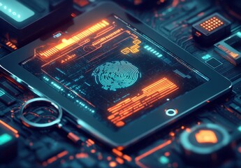 Poster - Futuristic digital interface displaying biometric fingerprint technology