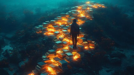 Poster - Glowing Pathway of Books Leading the Way Through Enchanted Forest   Education Concept